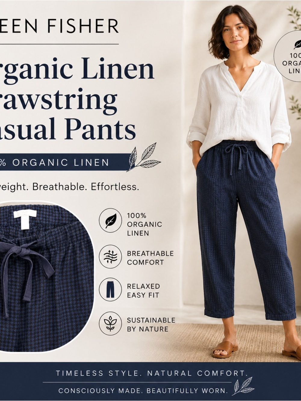 Eileen Fisher Linen 100% Organic Navy Drawstring Casual Pants XS EUC